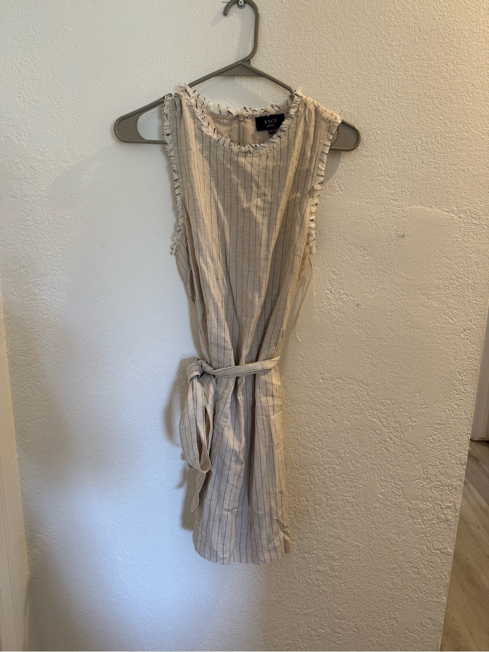 Vici Beige Cream Striped Midi Dress with Tie Waist
